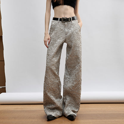 Silver Glossy Crinkle Wide-Leg Pants