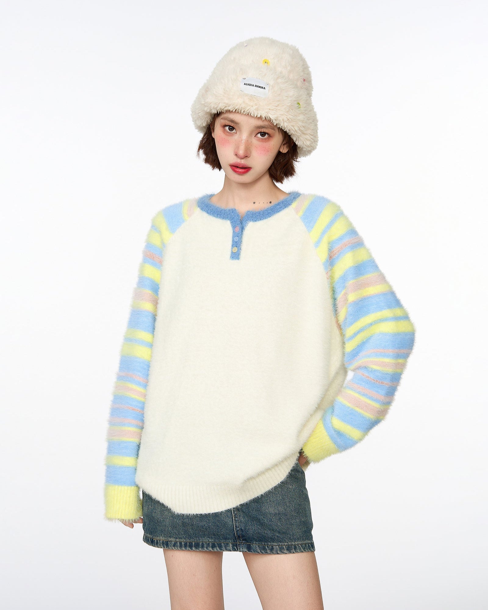 Colorful Striped Mink Fleece Knit Sweater