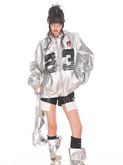 Silver PU Leather Racing Jacket