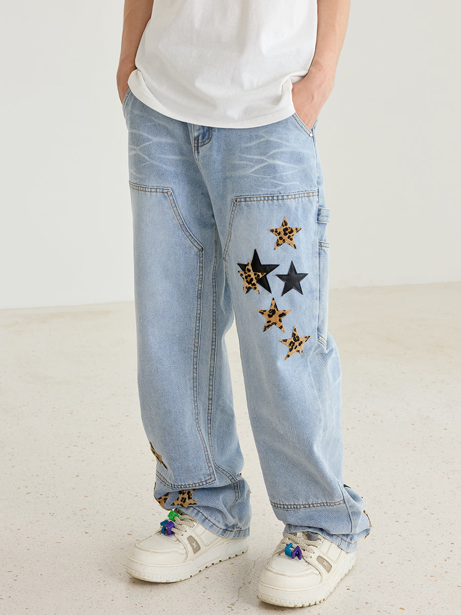 Retro Star Pattern Leather Patch Denim