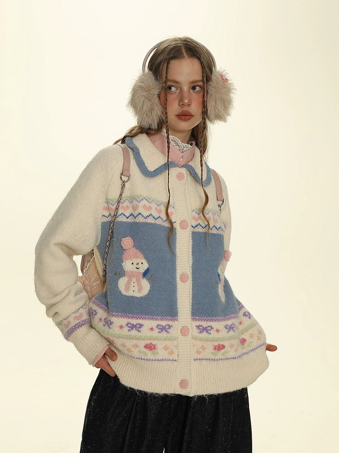 Hand-Embroidered Snowman Jacquard Cardigan Sweater