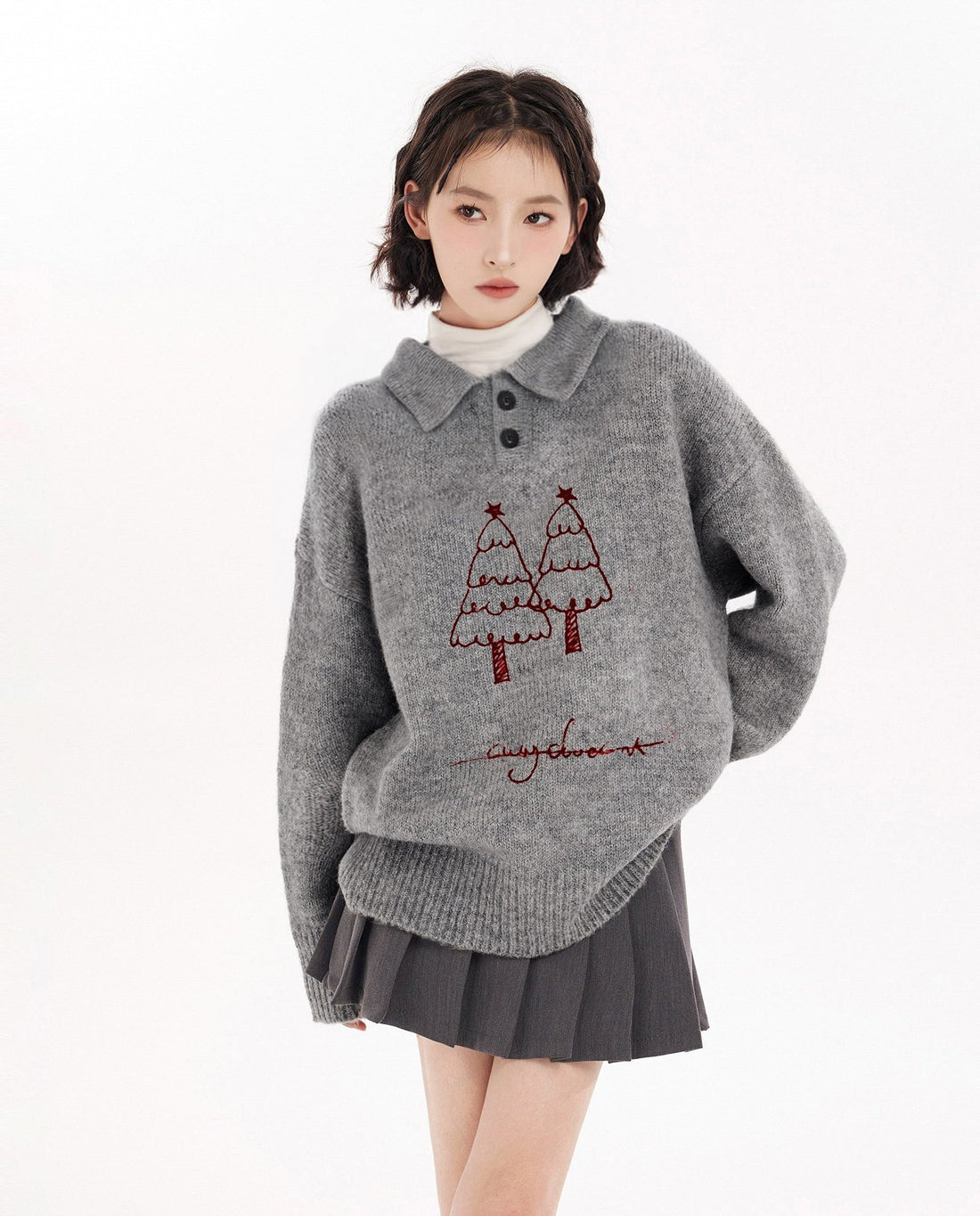 Tree Print Polo Collar Pullover Sweater