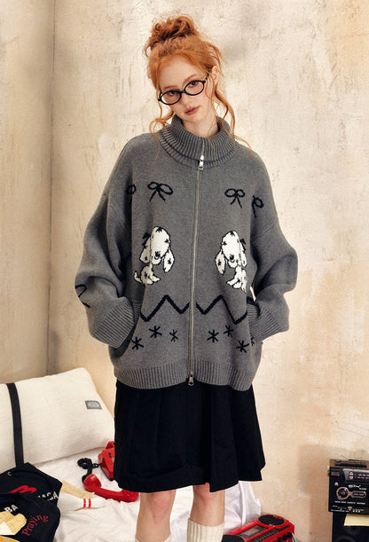 Vintage Dog Bow Pattern Knit Cardigan