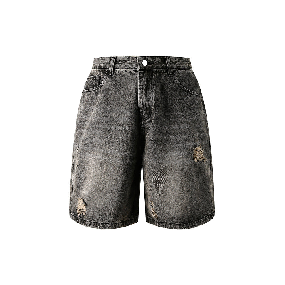 Distressed Straight-Leg Denim Shorts