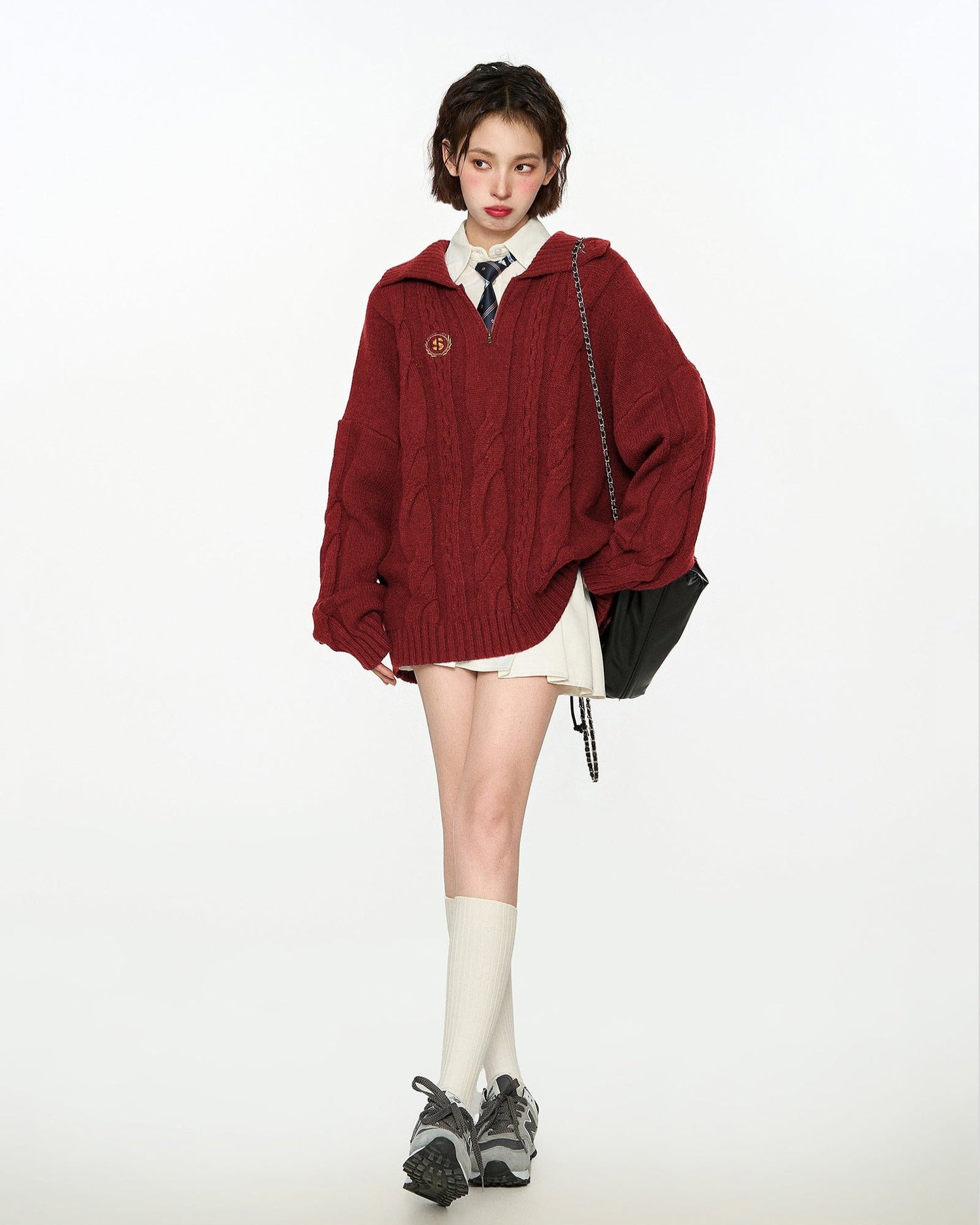 Cable Knit Polo Collar Pullover Sweater