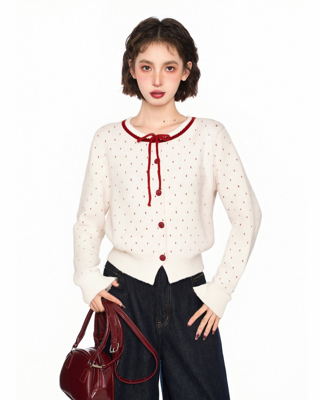 Polka Dot Tie Bow Round Neck Knit Sweater