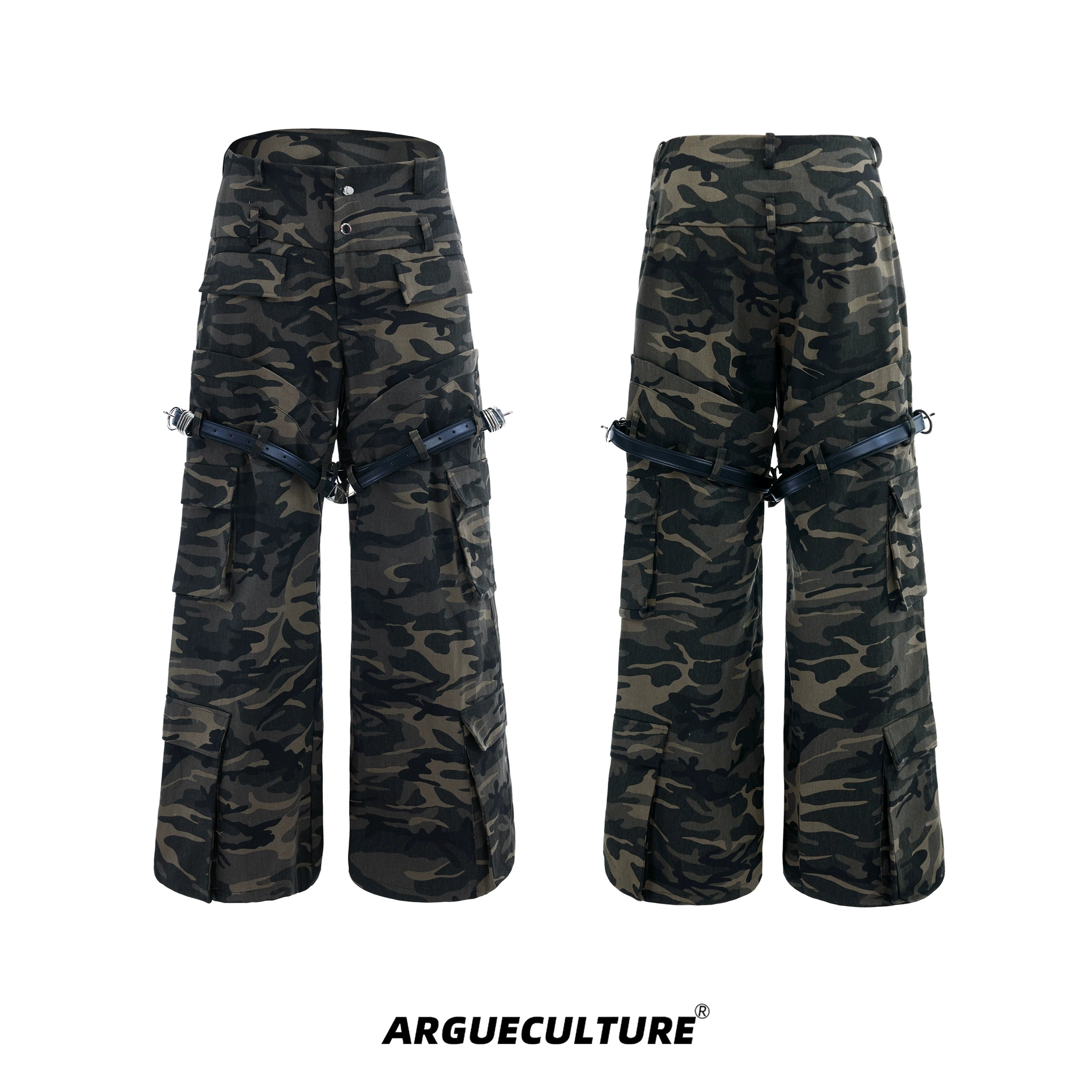 Belted Loose-Fit Vintage Washed Camouflage Cargo Pants