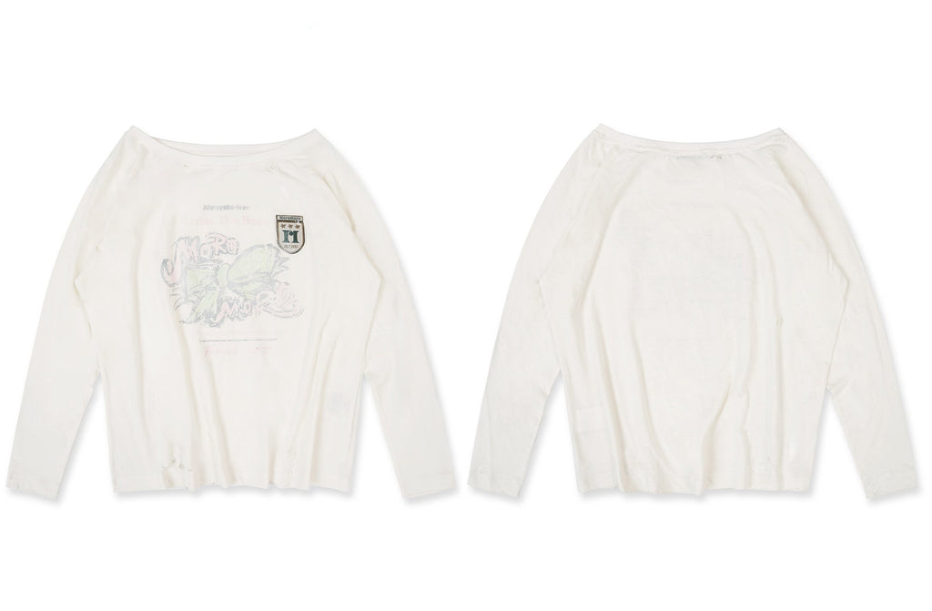 Vintage Hand-Painted Bow Graphic Distressed Off-Shoulder Long-Sleeve Tee