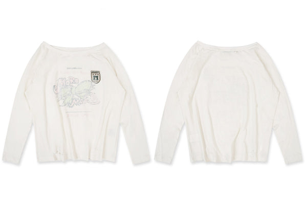 Vintage Hand-Painted Bow Graphic Distressed Off-Shoulder Long-Sleeve Tee