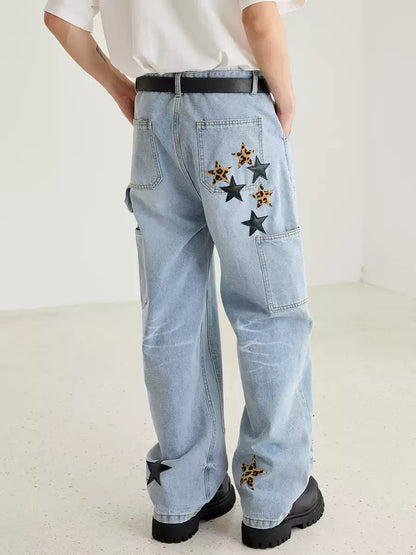 Retro Star Pattern Leather Patch Denim