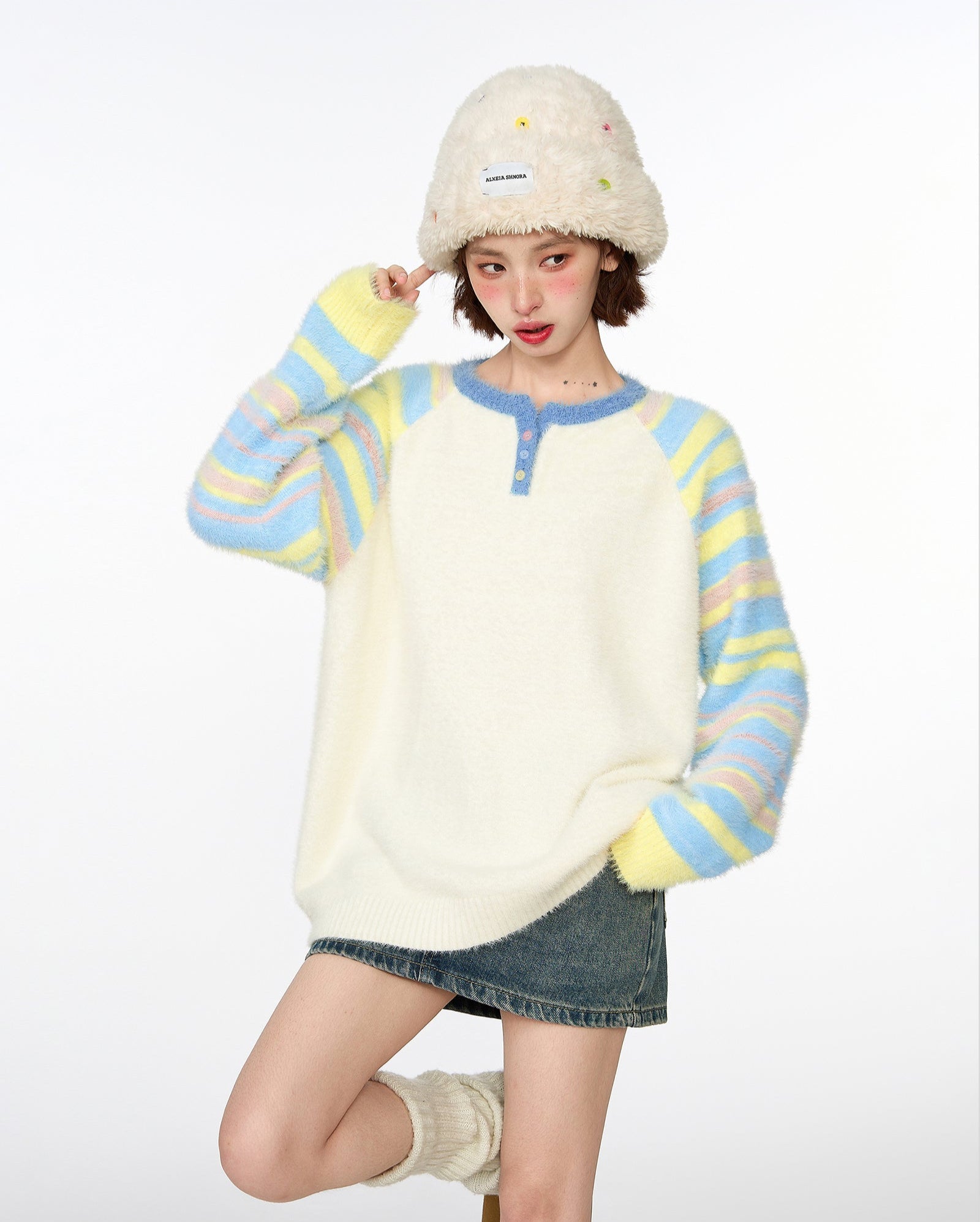 Colorful Striped Mink Fleece Knit Sweater