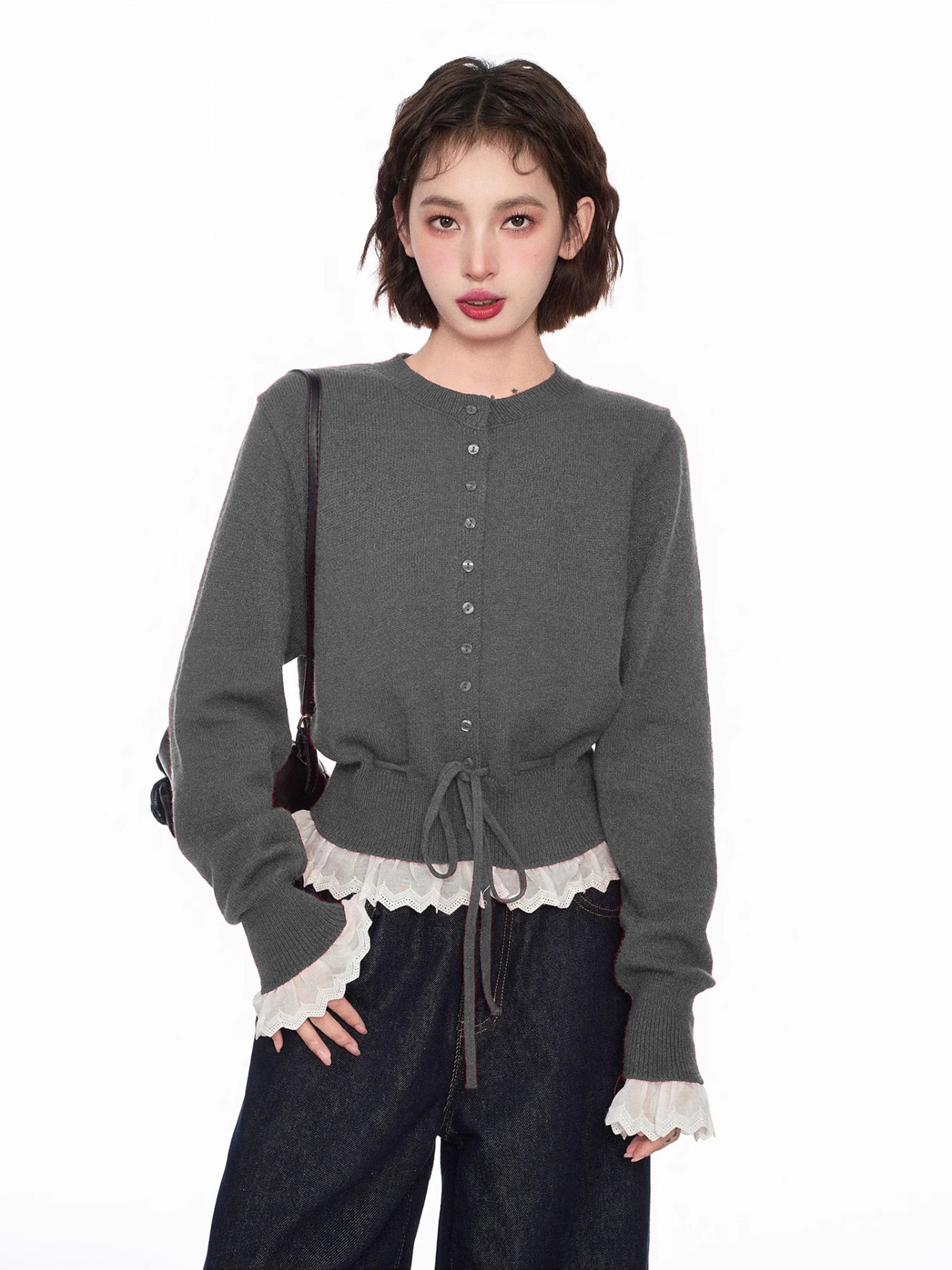 Layered Look Lace-Trimmed Crop Knit Sweater