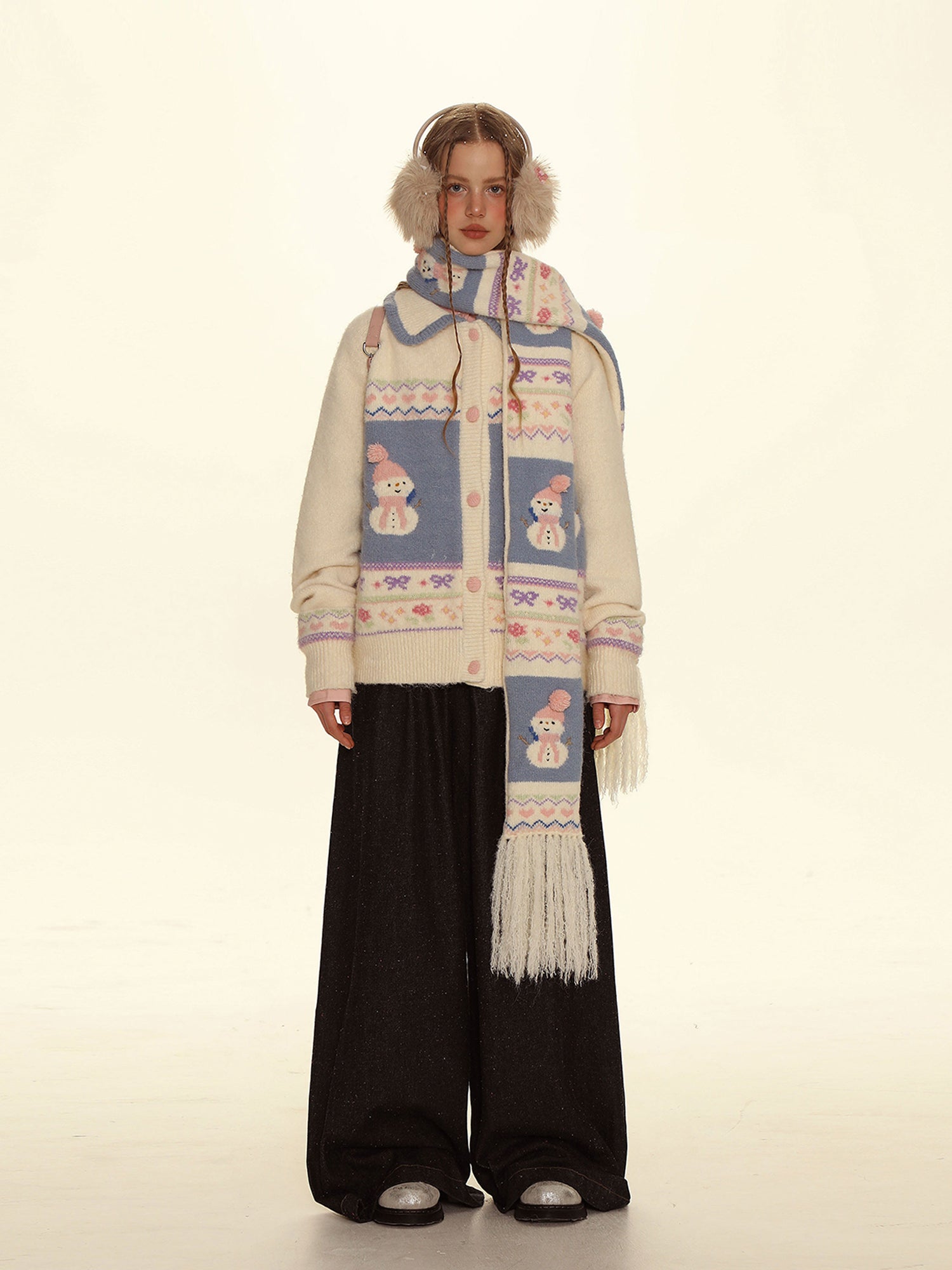 Hand-Embroidered Snowman Jacquard Cardigan Sweater