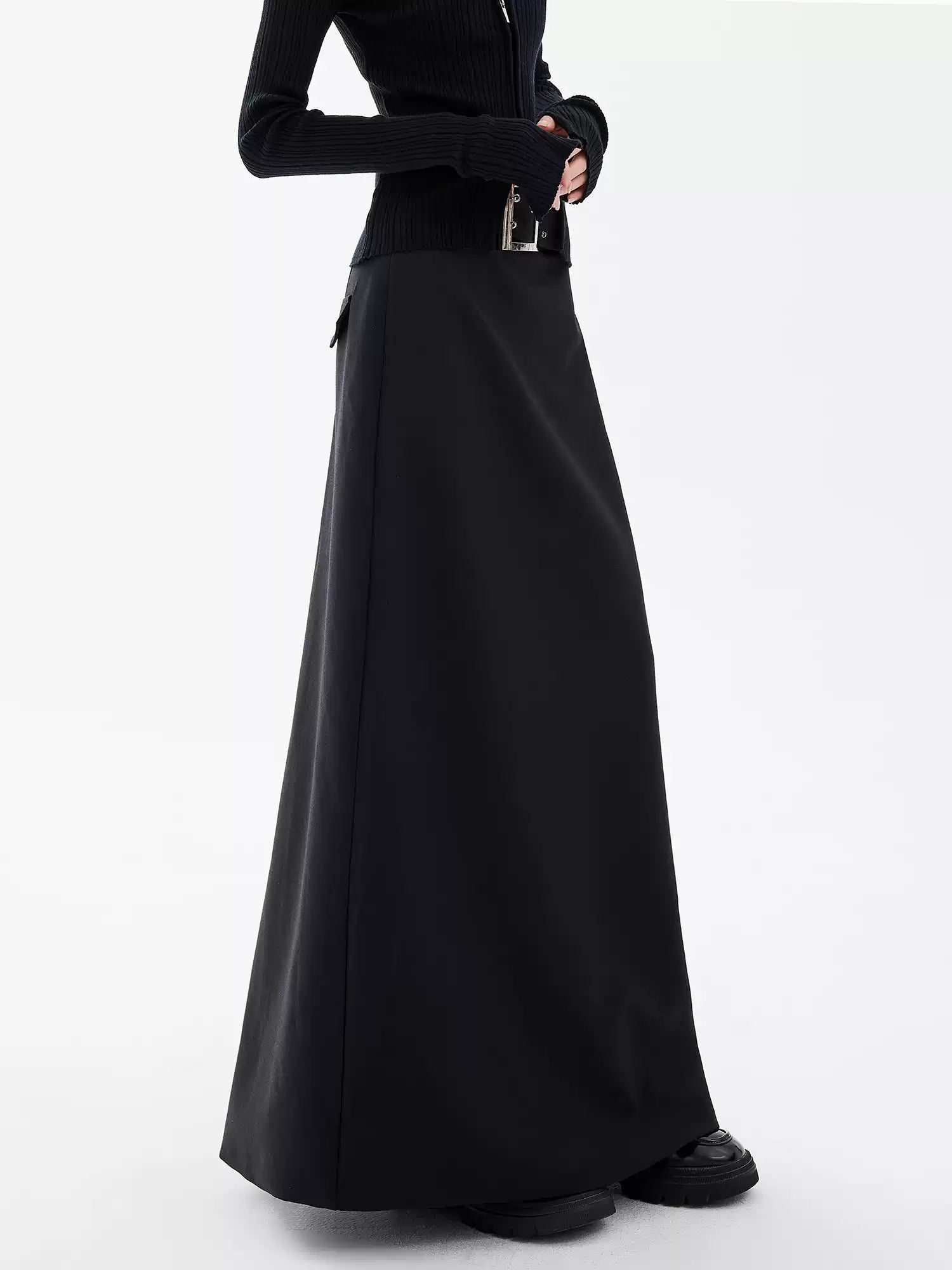 Black Side-Slit Midi Skirt