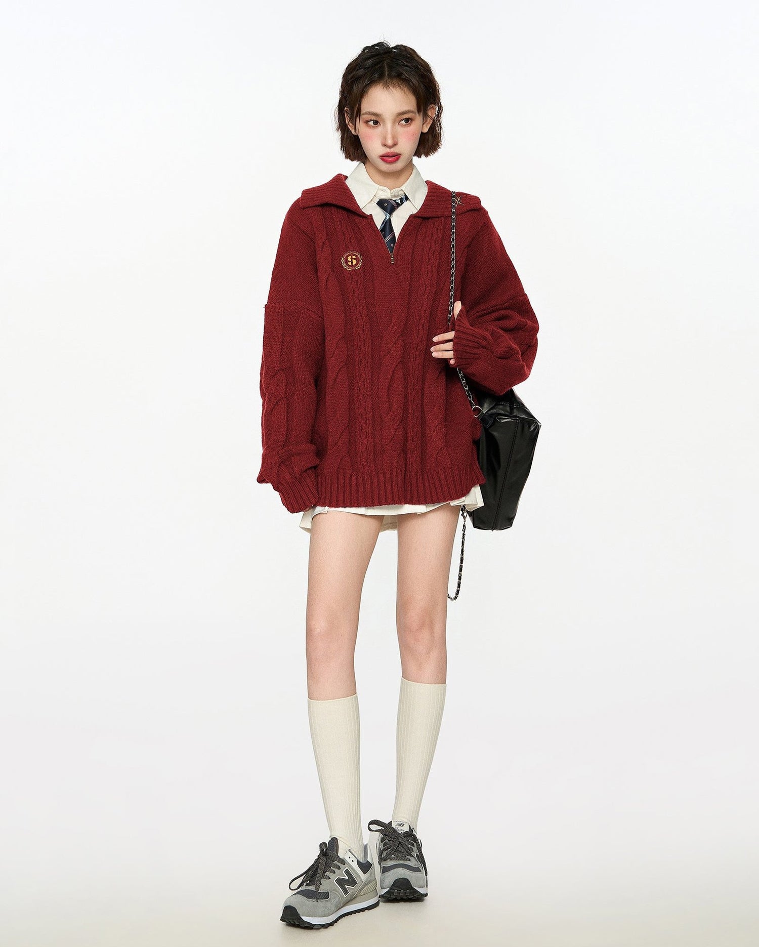 Cable Knit Polo Collar Pullover Sweater