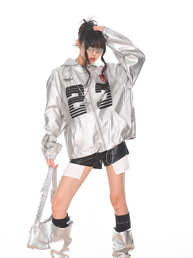 Silver PU Leather Racing Jacket