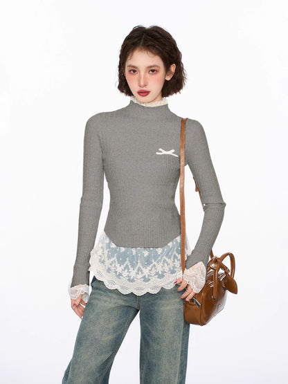 Lace Trim Mock Neck Knit Sweater