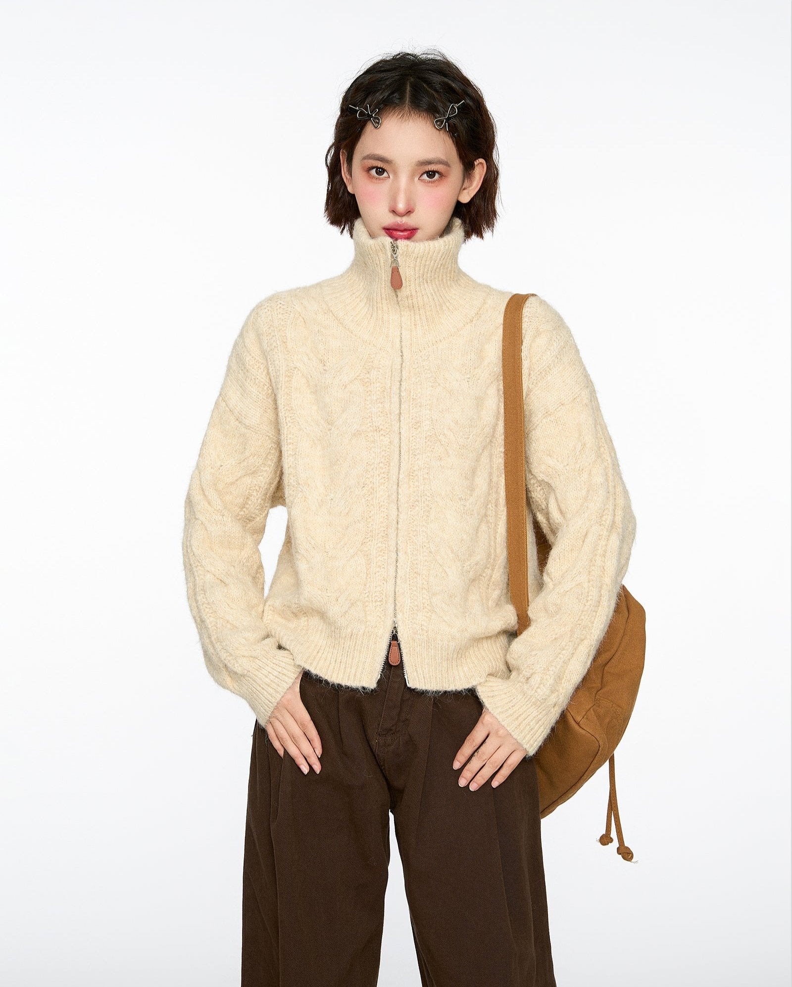 Cable Knit Stand Collar Sweater