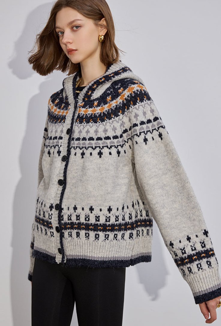 Fair Isle Button-Up Hooded Knit Cardigan Sweater