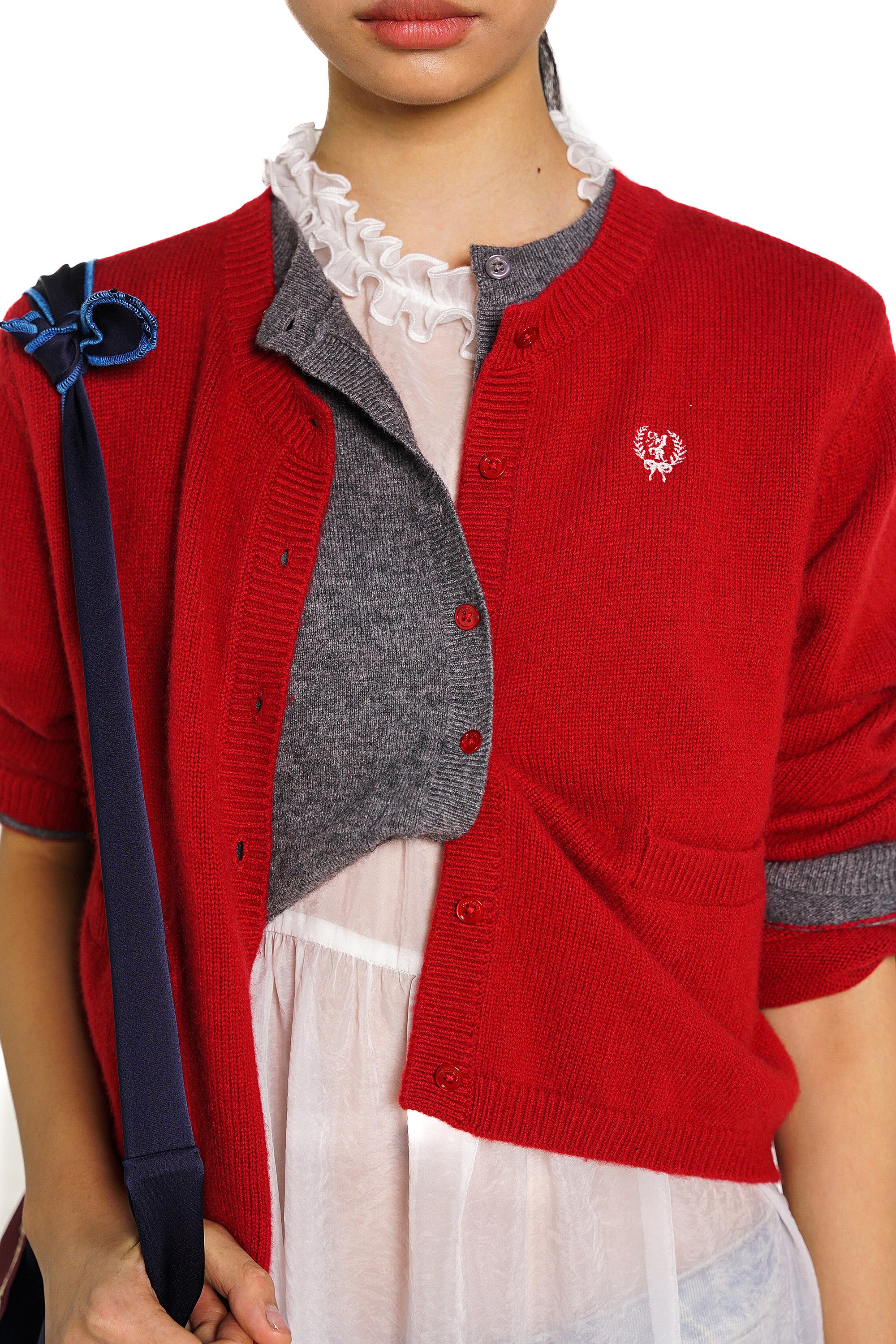 Red and Grey Color-Block Faux Layered Wool Knit Cardigan