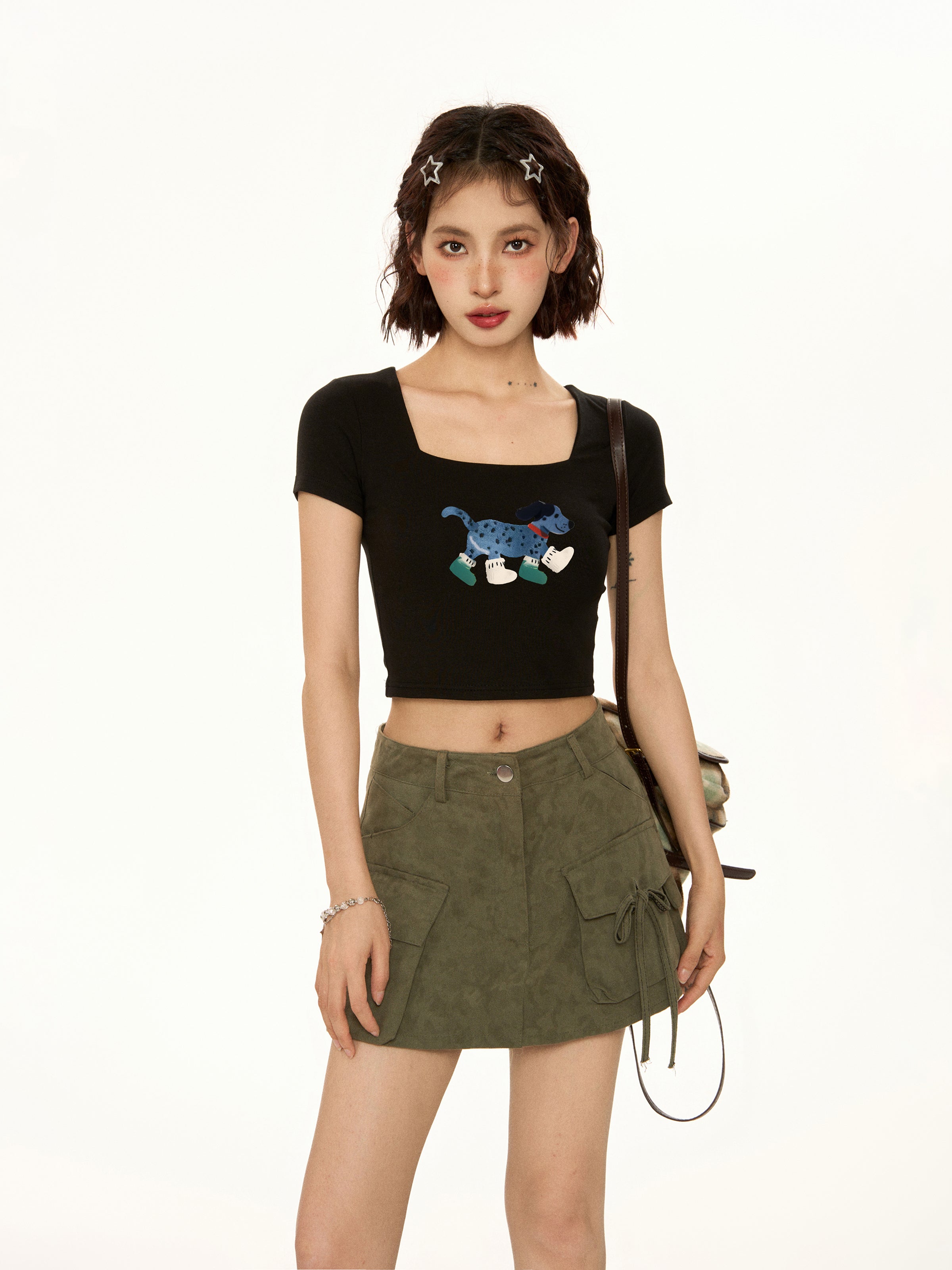 Dog Print Square Neck Tee