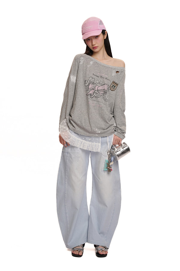Vintage Hand-Painted Bow Graphic Distressed Off-Shoulder Long-Sleeve Tee