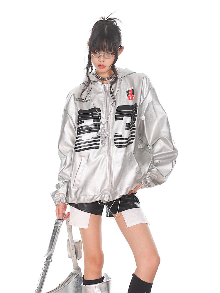 Silver PU Leather Racing Jacket