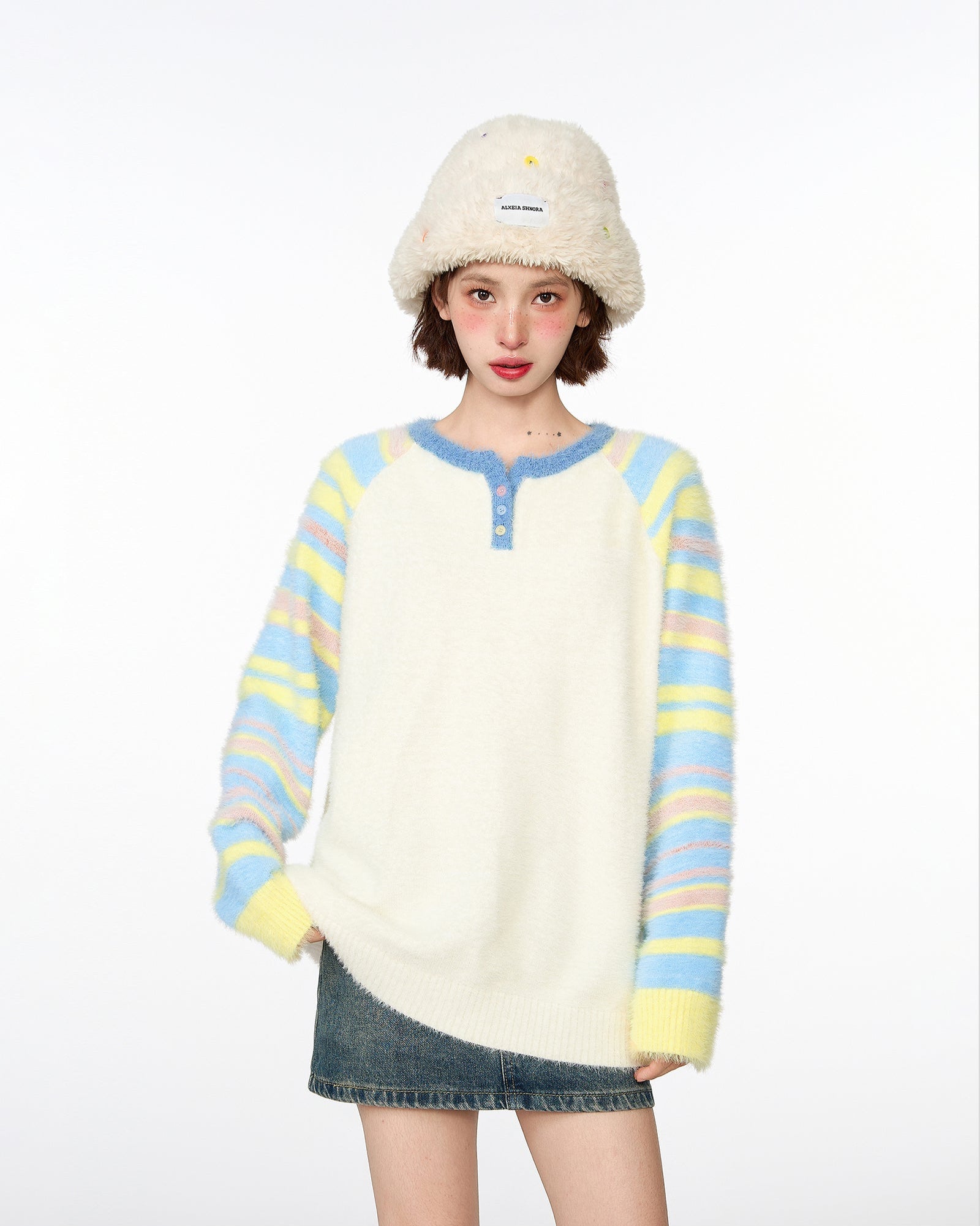 Colorful Striped Mink Fleece Knit Sweater