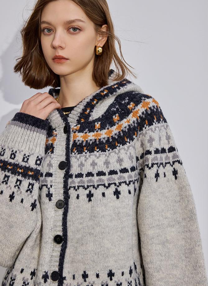 Fair Isle Button-Up Hooded Knit Cardigan Sweater