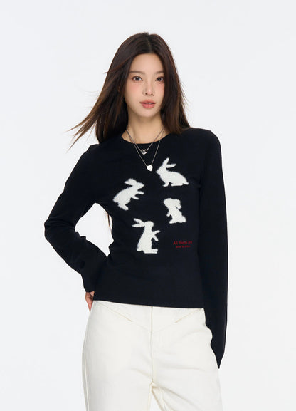 Embroidered Rabbit Mink Fleece Cropped Sweater