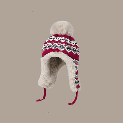 Fair Isle Fuzzy Earflaps Knit Beanie