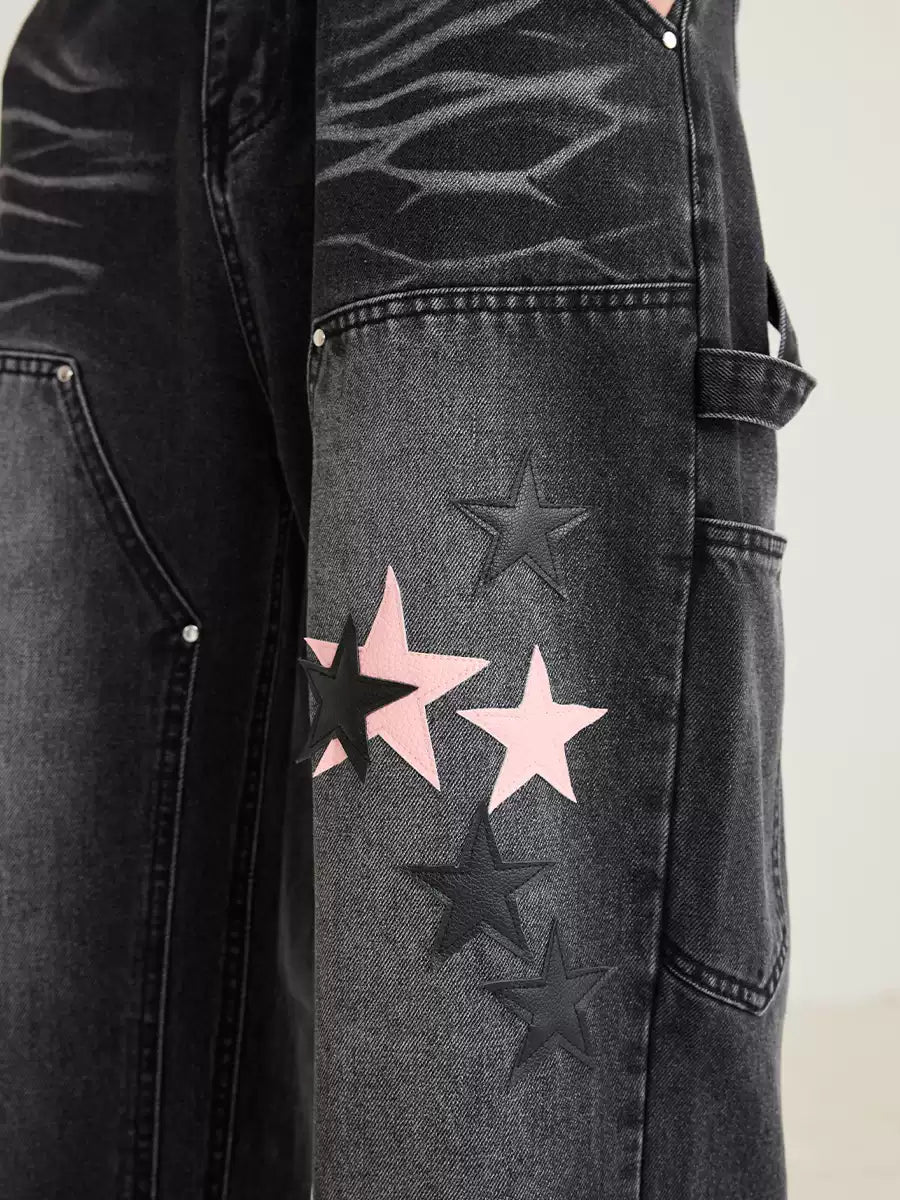 Retro Star Pattern Leather Patch Denim