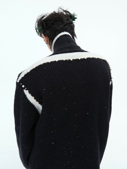 Deconstructed Asymmetrical Placket Sparkle Knit Sweater