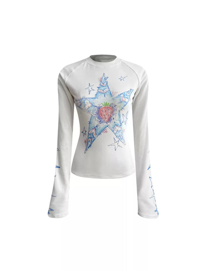 Crayon Hand-drawn Star Print Long Sleeve Tee