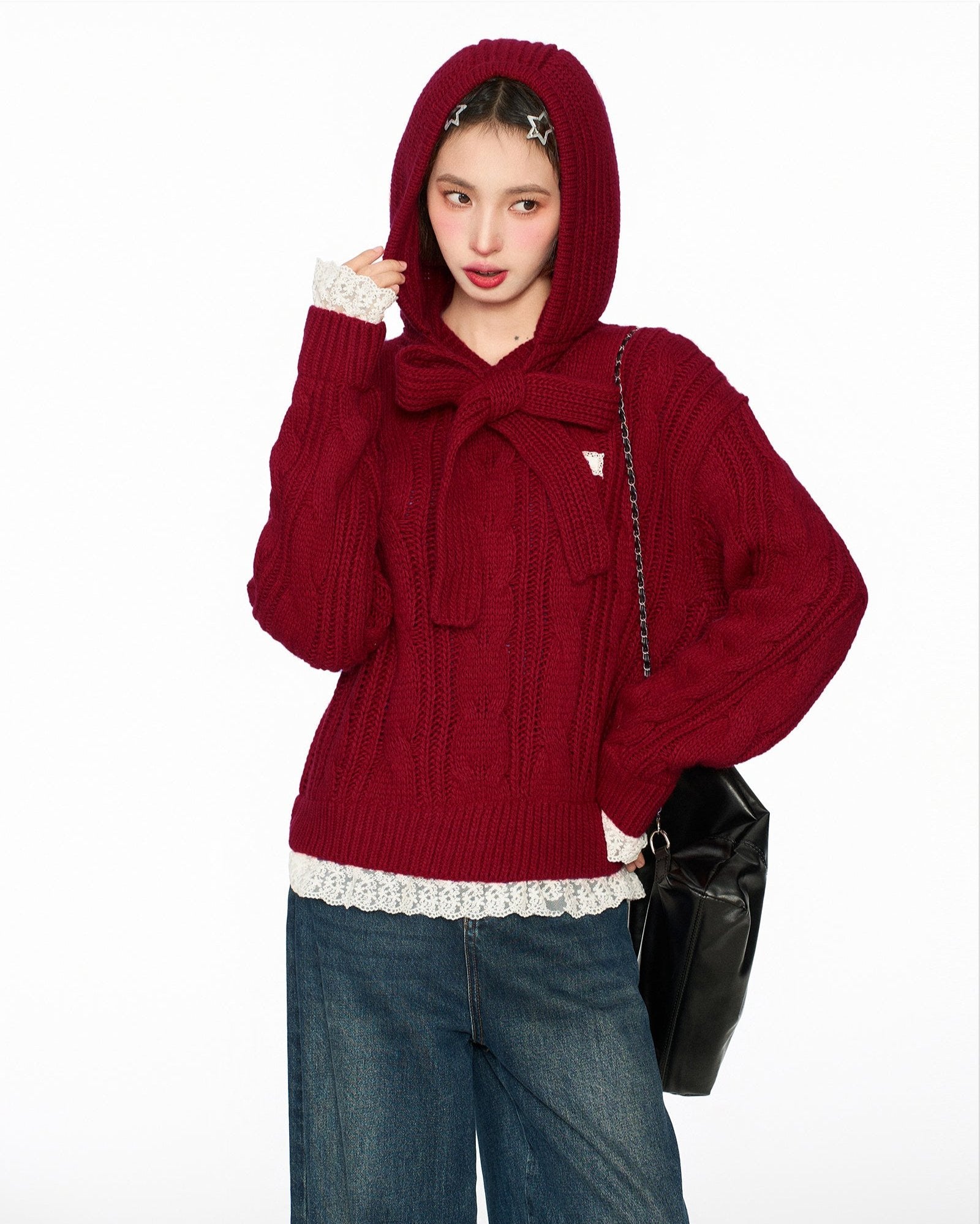 Bow-Tie Hooded Knit Sweater