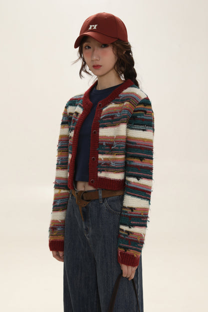 Colorblock Striped Knit Cropped Cardigan