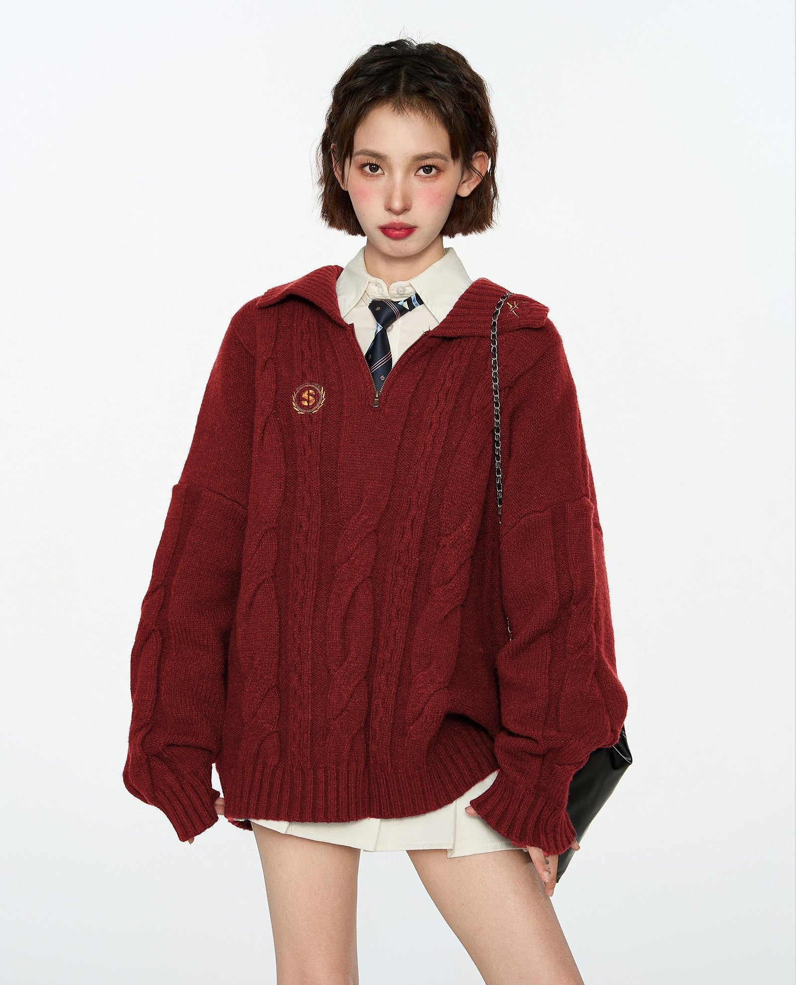 Cable Knit Polo Collar Pullover Sweater