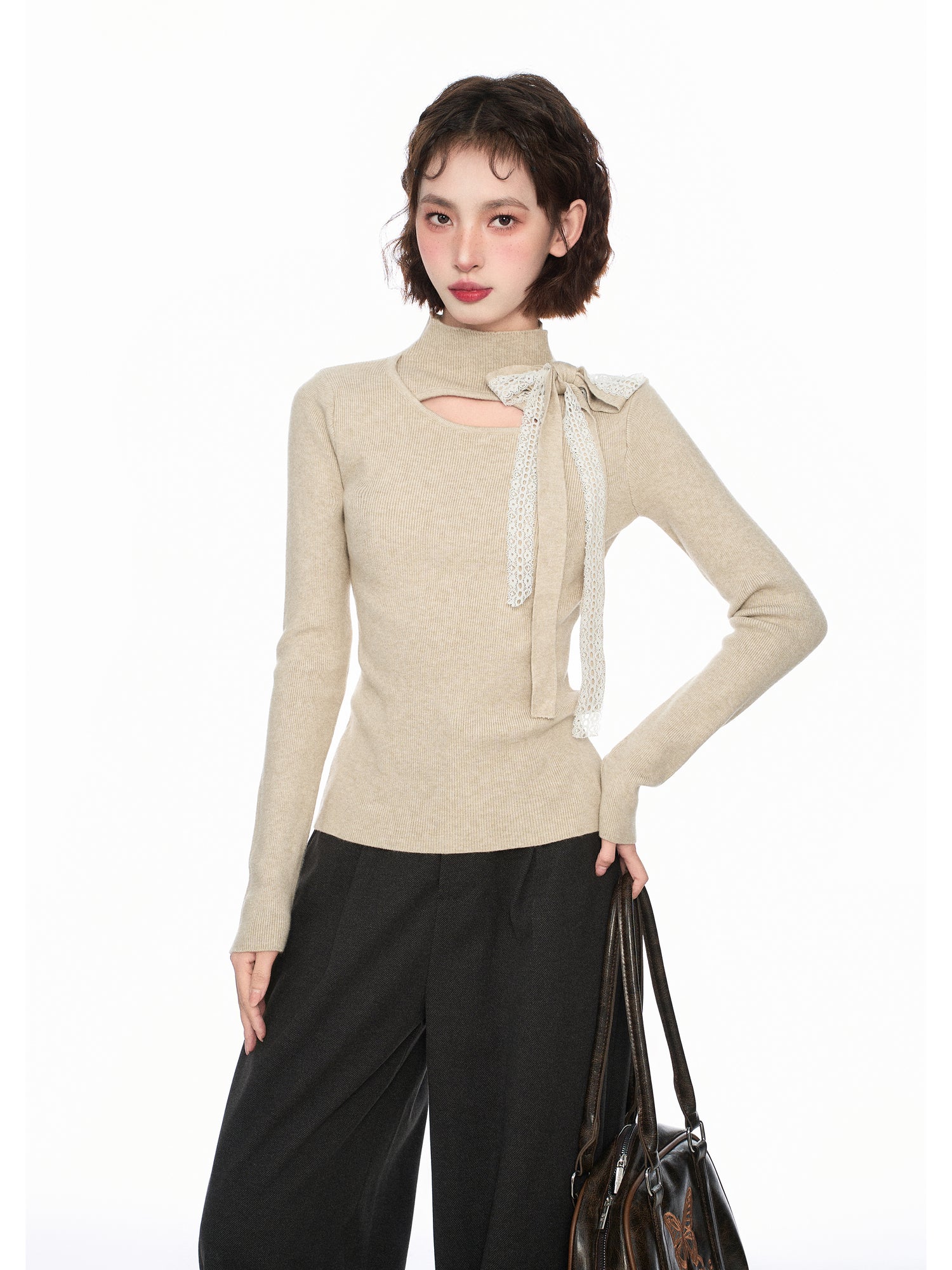 Mock Neck Cutout Bow-Tie Layering Top