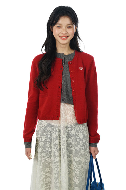 Red and Grey Color-Block Faux Layered Wool Knit Cardigan