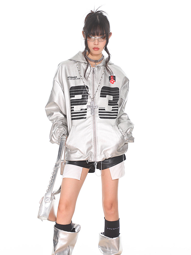 Silver PU Leather Racing Jacket