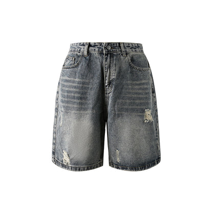 Distressed Straight-Leg Denim Shorts