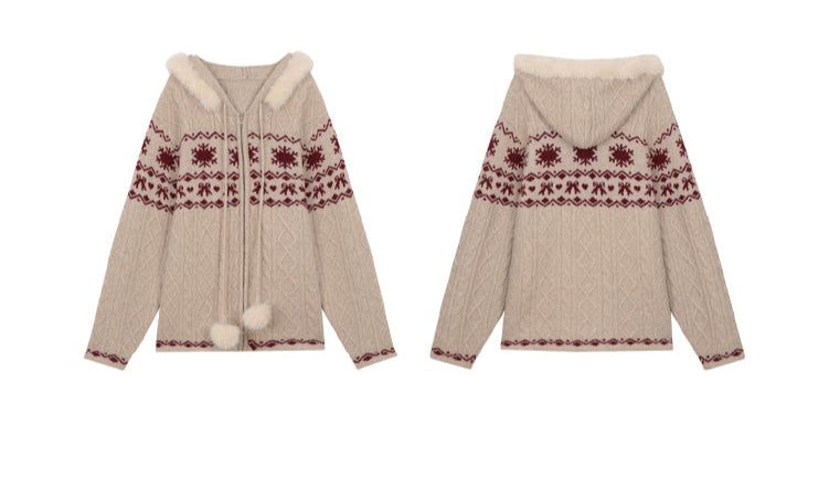 Fair Isle Bow-Print Knit Hoodie Cardigan