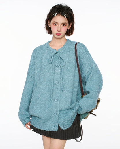 Tie-Neck Knit Cardigan Sweater