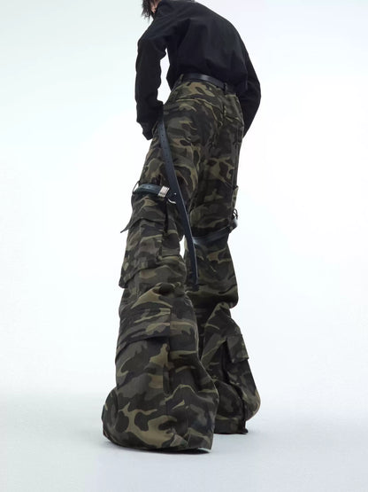 Belted Loose-Fit Vintage Washed Camouflage Cargo Pants