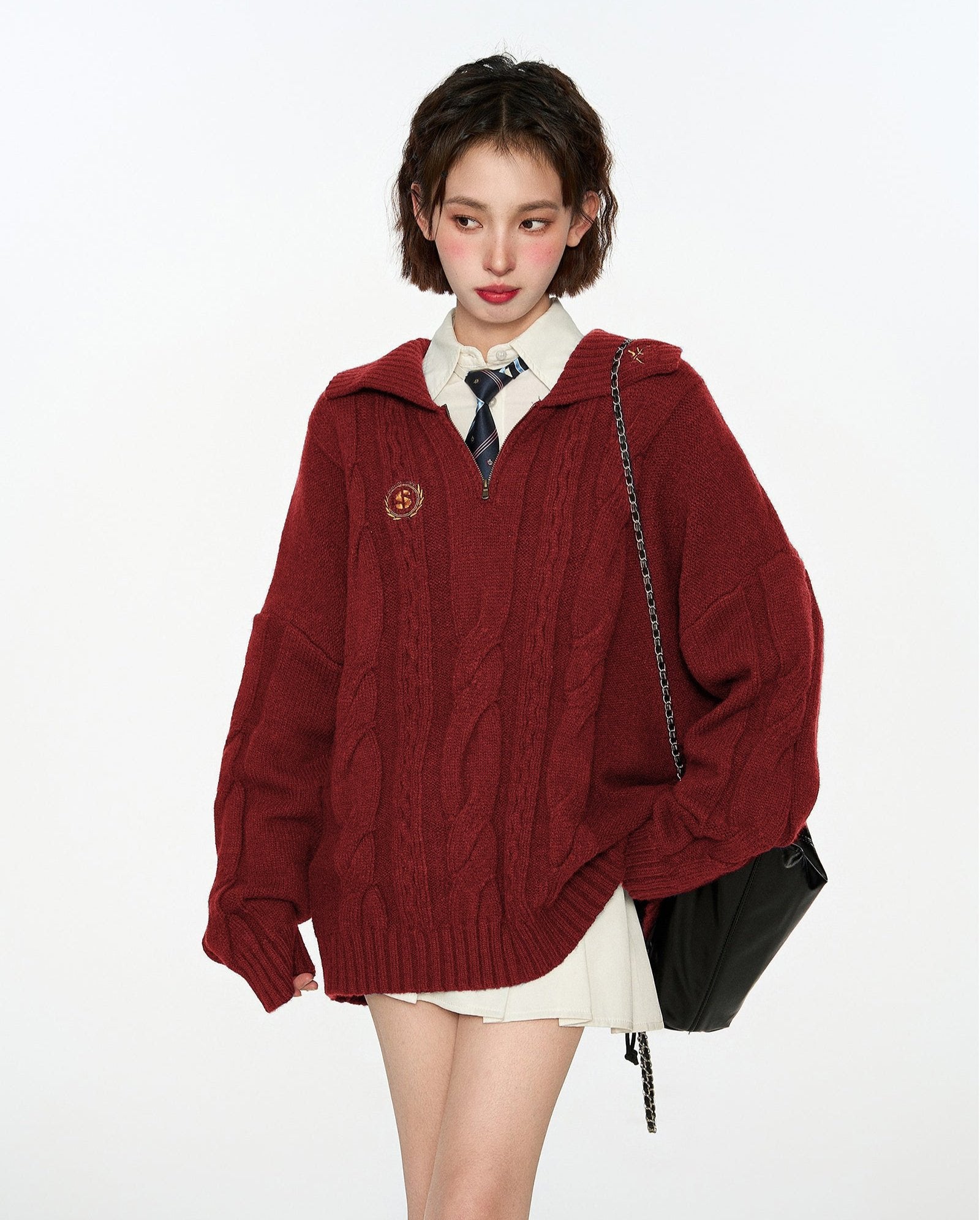 Cable Knit Polo Collar Pullover Sweater