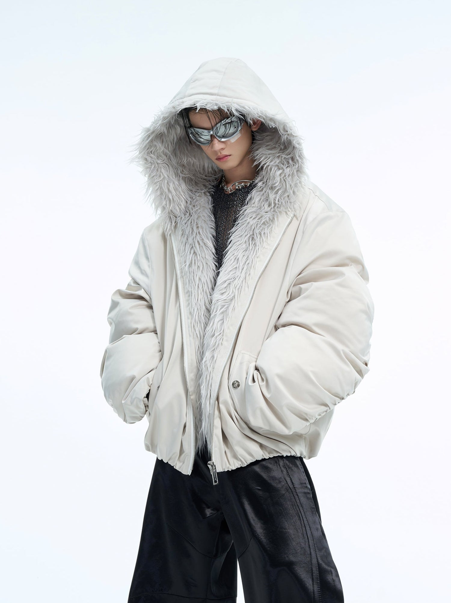 Colorblock Mountain Hawk Faux Fur Trim Hooded Puffer Jacket