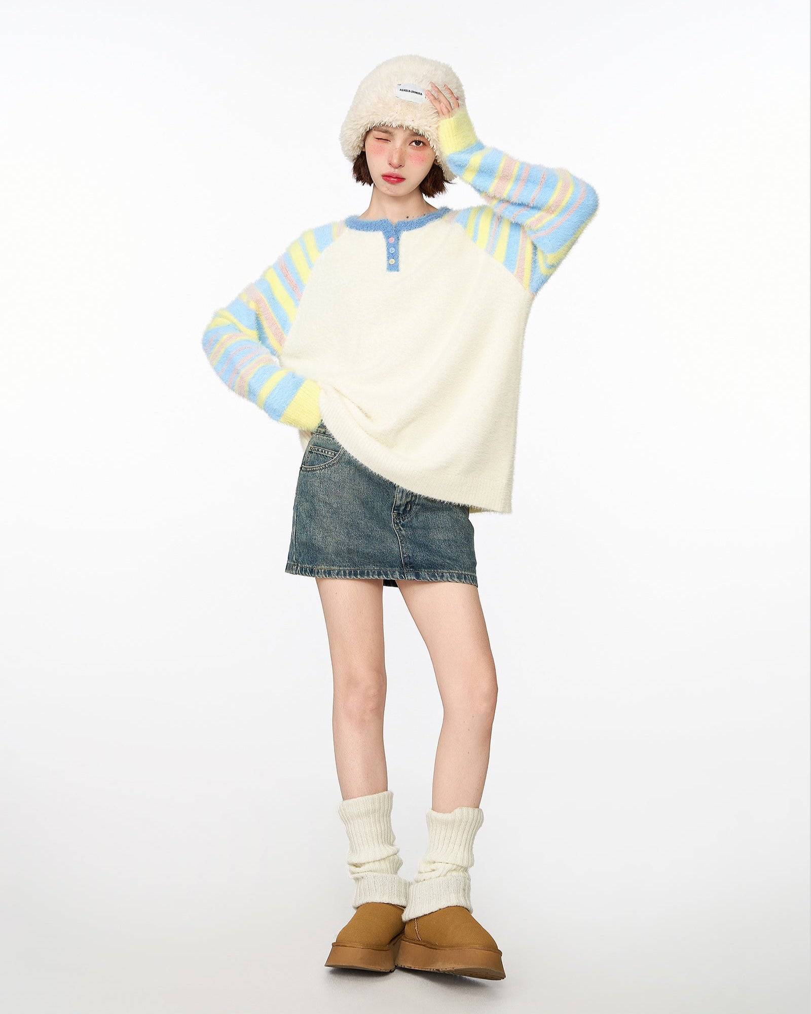 Colorful Striped Mink Fleece Knit Sweater