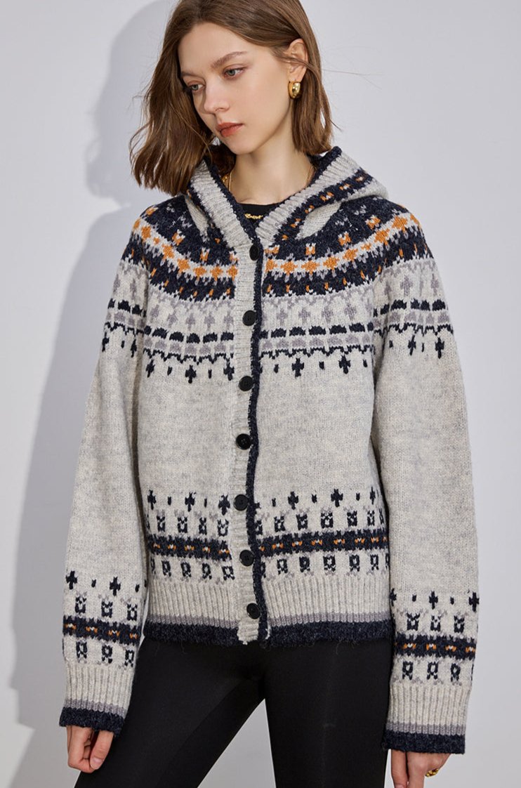 Fair Isle Button-Up Hooded Knit Cardigan Sweater