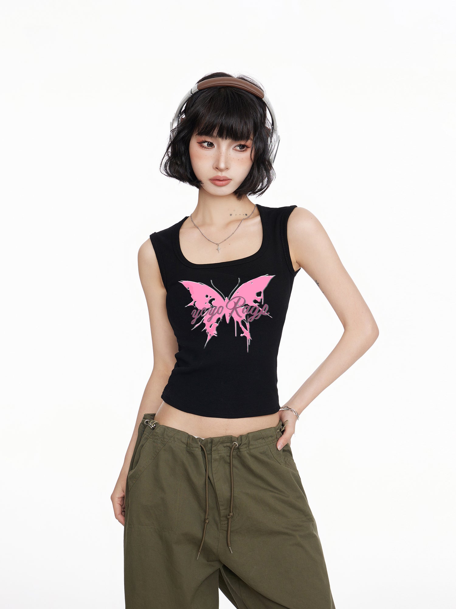 Pink Butterfly Print Tank Top