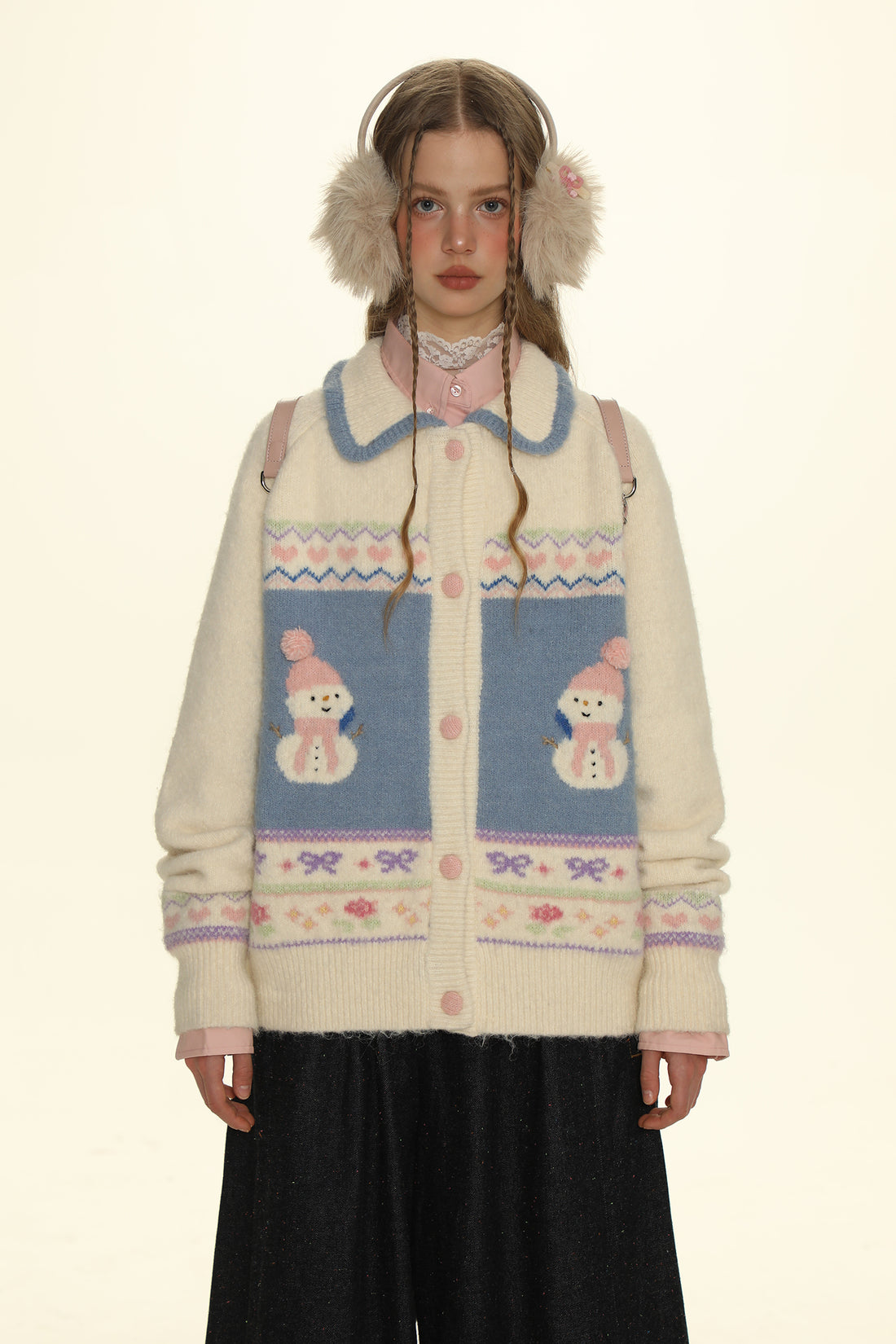 Hand-Embroidered Snowman Jacquard Cardigan Sweater